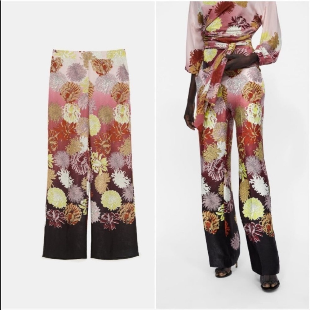 NWT Zara high rise floral print wide leg trousers